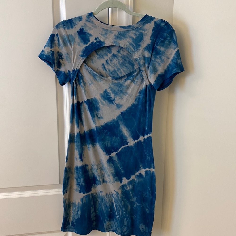 Blue and gray tie dyed, cotton, open neck dress.